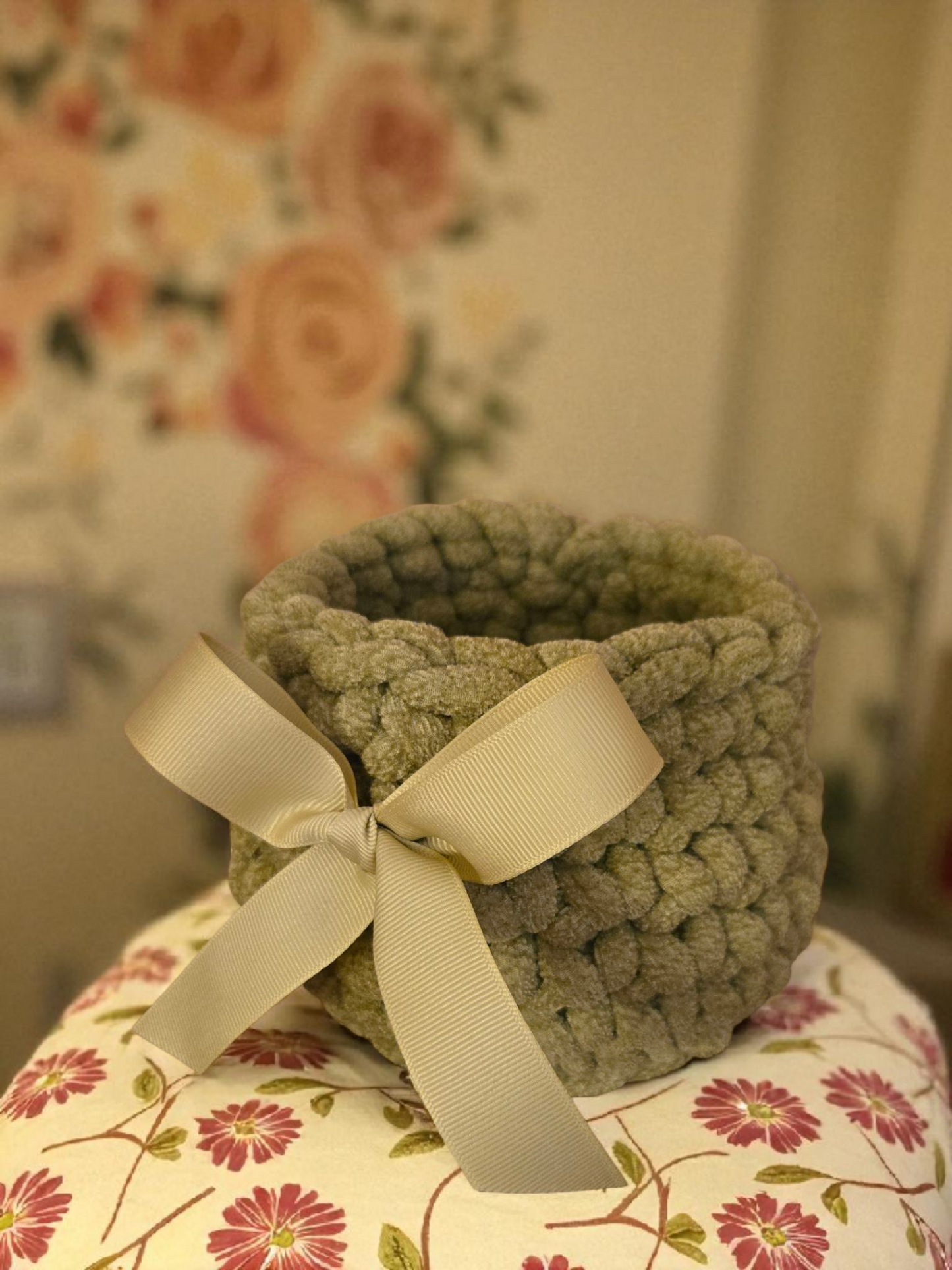 Green Crochet Home Decor Basket With Bow