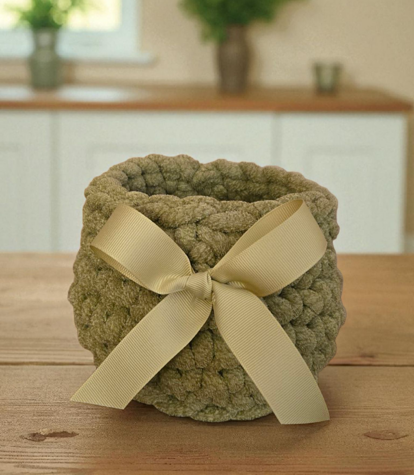 Green Crochet Home Decor Basket With Bow